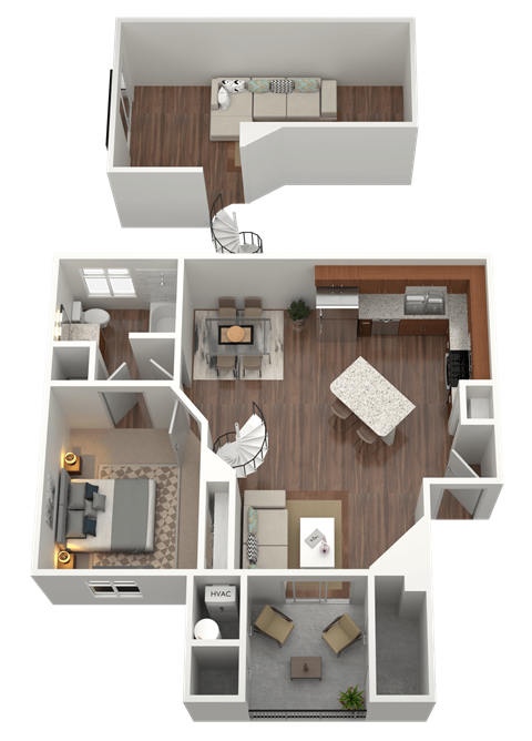 3D rendering of a 1 bed 1 bath loft apartment